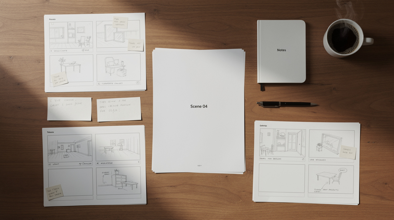 Top down view of a desk with storyboard sketches, script pages and a pen