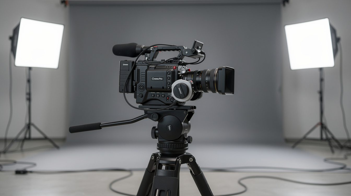 Professional video camera on a tripod facing softbox studio lights