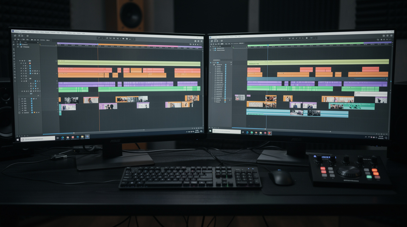 Editing desk with monitors showing a video timeline in editing software