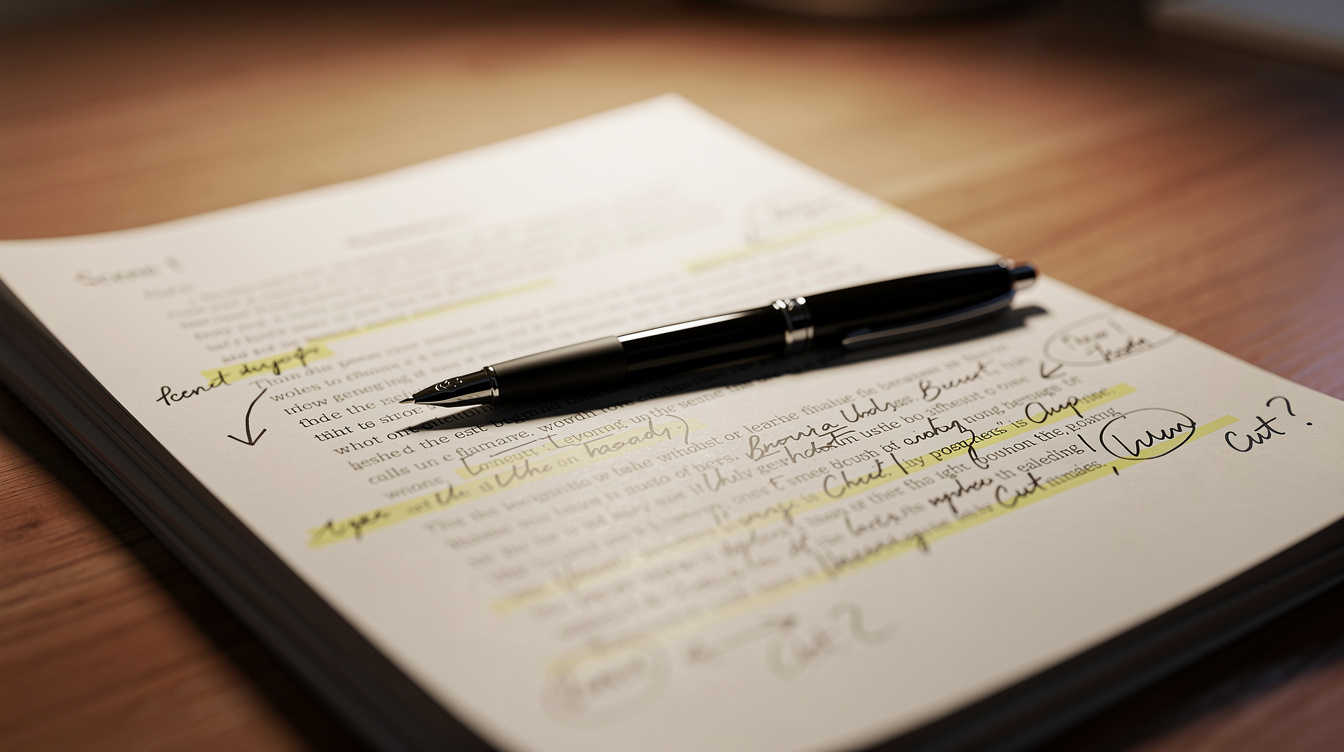 Close up of printed script pages with handwritten annotations and highlighter