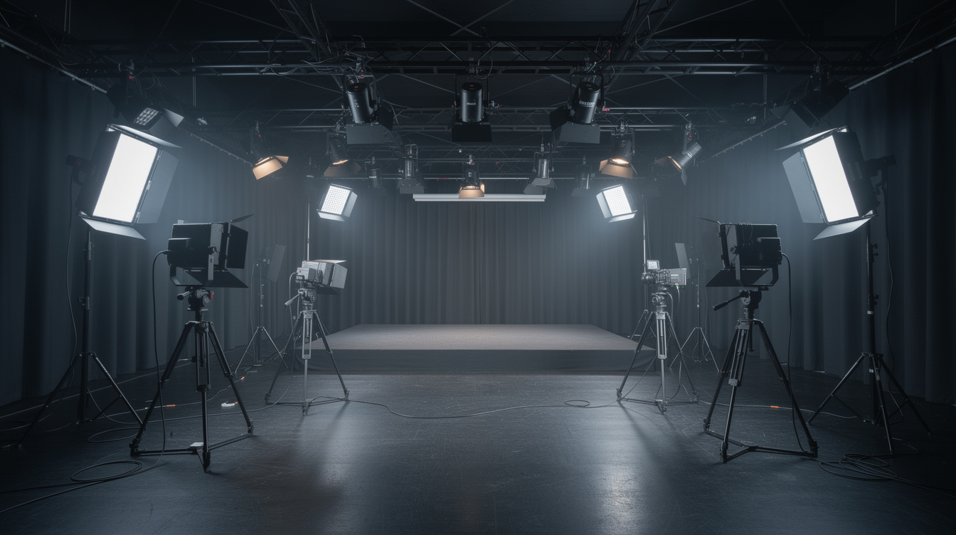 Empty modern video studio set with lighting rig and dark backdrop