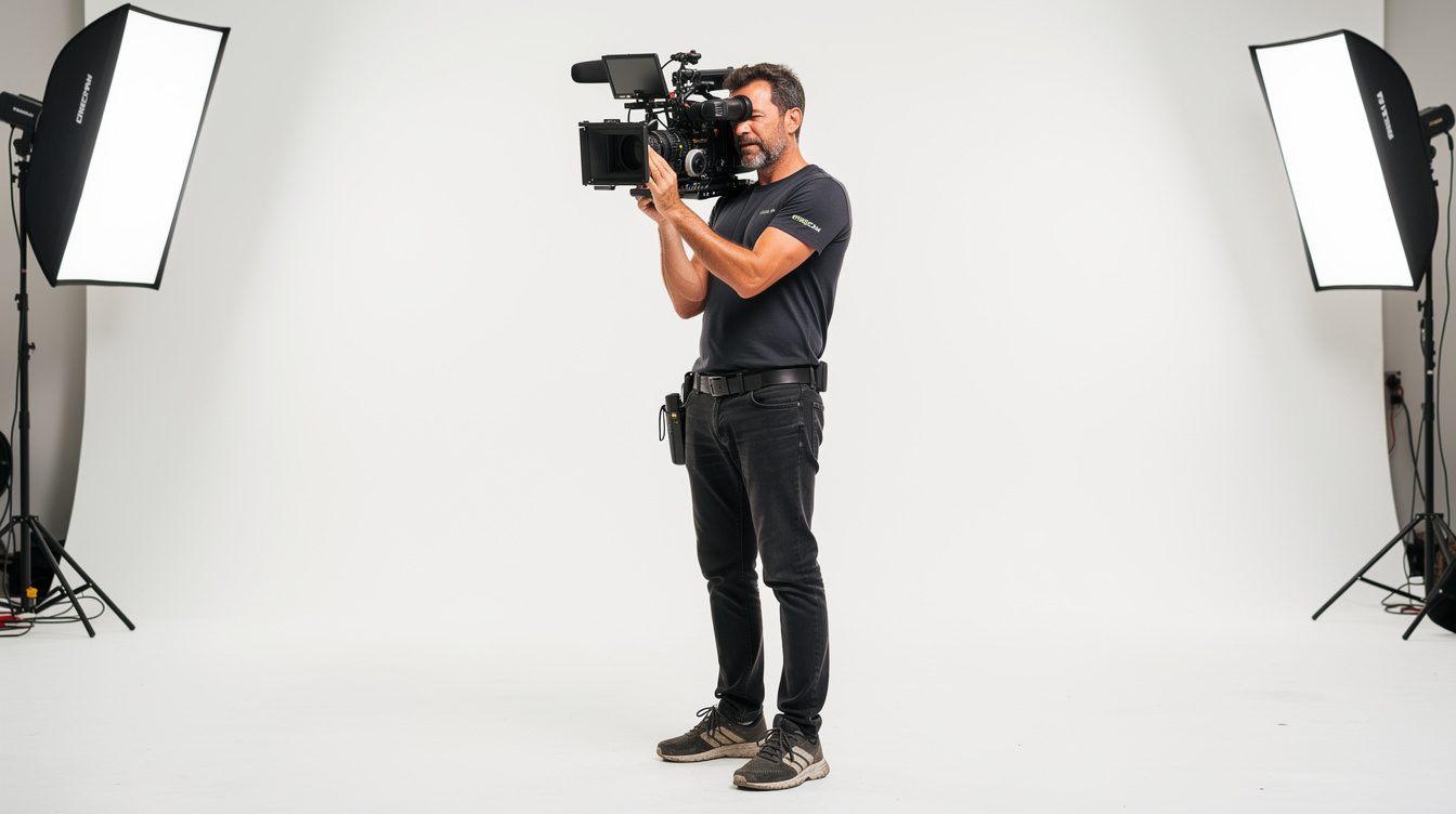 Camera operator framing a shot with a cinema camera on a shoulder rig